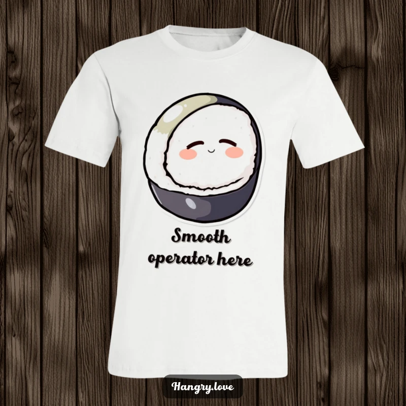 Funny t-shirt displaying a round sushi character contentedly rolling downhill, conveying peace and relaxation.