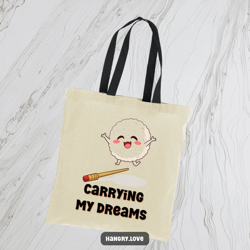 Funny tote bag featuring a happy rice ball character leaping over a chopstick, great for shopping.