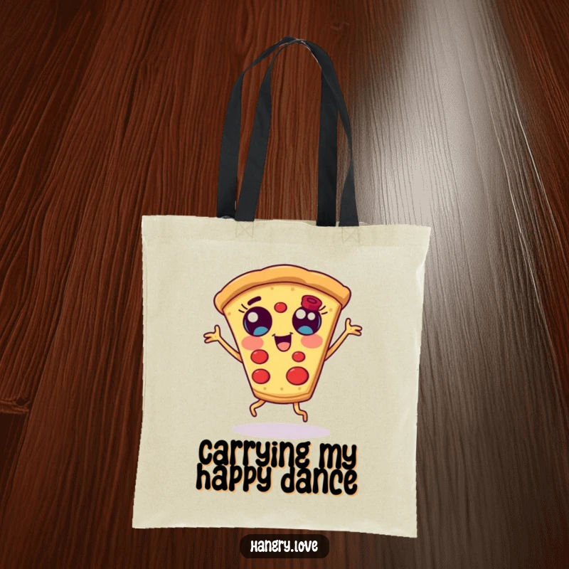 Funny pizza slice tote bag, with wide eyes and short legs, dancing energetically, a cheerful and practical accessory.
