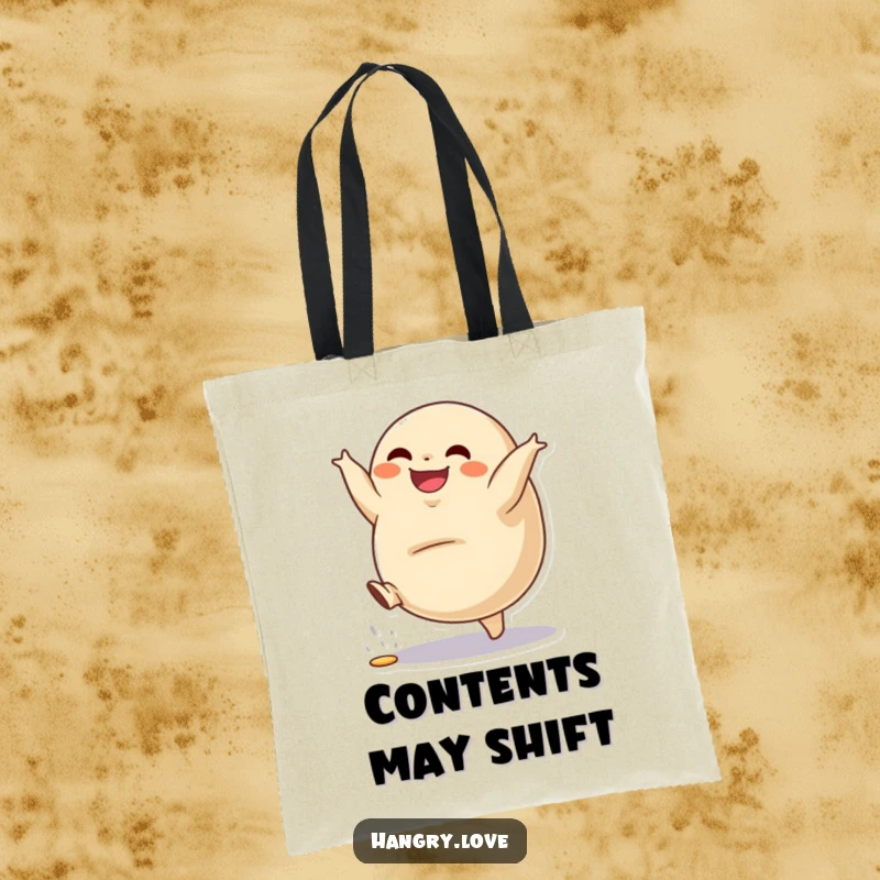 Funny tote bag featuring a grinning dumpling character doing a cartwheel, great for shoppers.