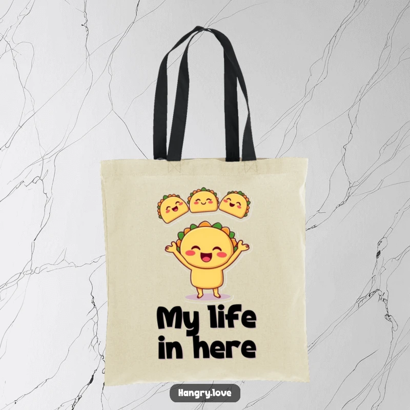 Funny tote bag featuring a smiling taco character artfully juggling three small, winking tacos, great for shoppers.